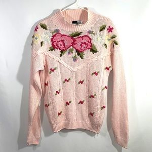 Cottage Core Pink Floral Sweater Size Medium